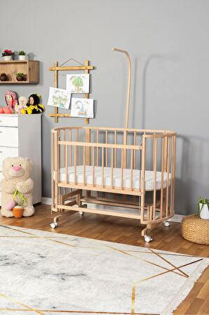 Ahşap Beşik Anne Yanı Yeni Doğan Papatya Organik Bebek Beşiği TEK YATAK + TEKERLEKLİ