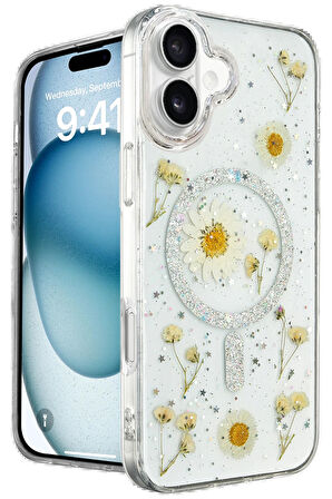 CPT50 iPhone 16 Kılıf Daisy Simli Magsafe Kapak - Gümüş