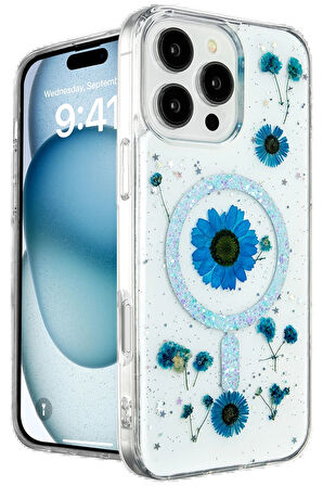CPT50 iPhone 16 Pro Kılıf Daisy Simli Magsafe Kapak - Mavi