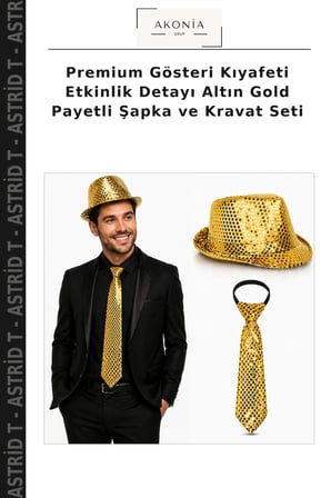 Premium Gösteri Kıyafeti Etkinlik Detayı Altın Gold Payetli Şapka ve Kravat Seti