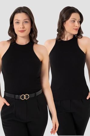 Kadın Pamuklu Fitilli Görünümlü Halter Yaka Basic Siyah Atlet 2'li Paket Giyim Desensiz Üst Gardırop