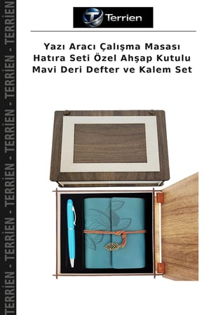 Yazı Aracı Çalışma Masası Hatıra Seti Özel Ahşap Kutulu Mavi Deri Defter ve Kalem Set