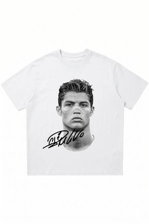 Retro Portekizli Yıldız Baskılı Beyaz Oversize Bisiklet Yaka T-Shirt
