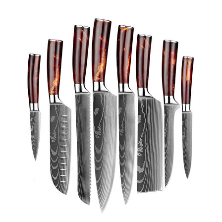 Ceronni Kırmızı Reçine Saplı 8li Japon Tarzı Bıçak Seti