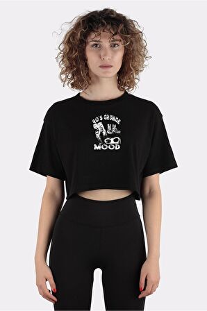 Siyah %100 Pamuk Bisiklet Yaka Crop T-shirt 90's Grunge Mood Music Lover_em1011