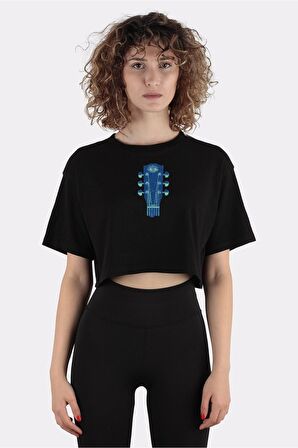 Siyah %100 Pamuk Bisiklet Yaka Crop T-shirt Acoustic  One_em1022