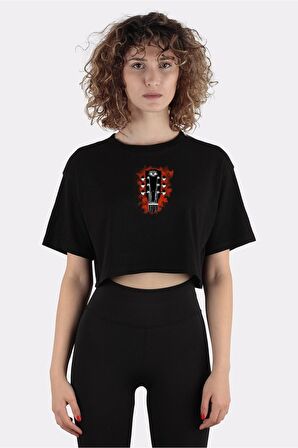 Siyah Pamuk Bisiklet Yaka Crop T-shirt Acoustic Eye Two_em1023