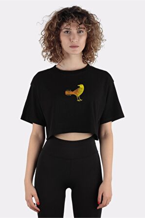 Siyah %100 Pamuk Bisiklet Yaka Crop T-shirt Acoustic Guitar Song Bird_em1033