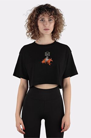 Siyah %100 Pamuk Bisiklet Yaka Crop T-shirt Acoustic Meld One_em1039