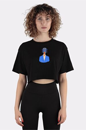 Siyah %100 Pamuk Bisiklet Yaka Crop T-shirt American Made Acoustic 1_em1055