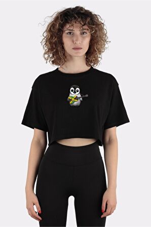 Siyah %100 Pamuk Bisiklet Yaka Crop T-shirt Baby Penguin Playing Jamaican Flag Guitar_em1100