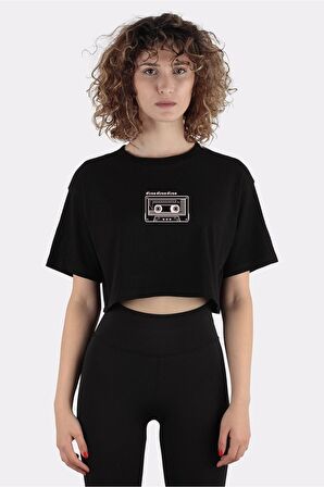 Siyah %100 Pamuk Bisiklet Yaka Crop T-shirt Black And White Disco Music Cassette_em1144