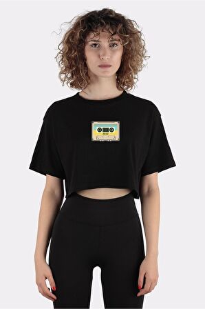 Siyah %100 Pamuk Bisiklet Yaka Crop T-shirt Cassette Retro Music_em1173