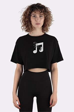Siyah %100 Pamuk Bisiklet Yaka Crop T-shirt Cello - Music_em1182