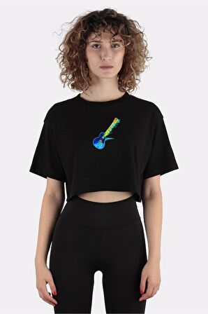 Siyah %100 Pamuk Bisiklet Yaka Crop T-shirt Classic Electric Guitar 1_em1198