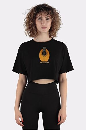 Siyah %100 Pamuk Bisiklet Yaka Crop T-shirt Classical Guitar_em1199