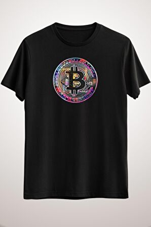 Unisex Siyah Bitcoin Btc Coin In 80s Poster Colors. Classic T-shirt