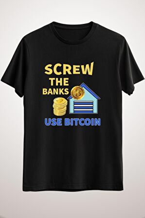 Unisex Siyah Blockchain Technology Cryptocurrency Banks Print Classic T-shirt