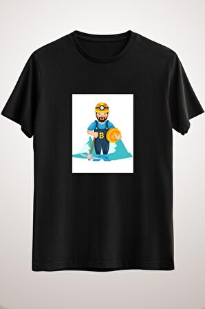Unisex Siyah Professional Bitcoin Miner Character Illustration Classic T-shirt