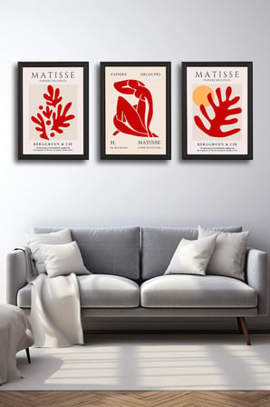 Henri Matisse 3'lü Alüminyum Çerçeveli Poster Seti - Önden Açılır A3 Açılır Kapanır Çerçeve Seti Kırmızı Soyut Figürler