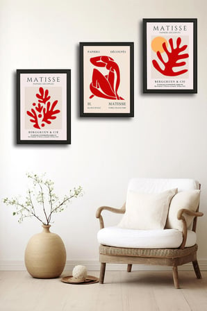 Henri Matisse 3'lü Alüminyum Çerçeveli Poster Seti - Önden Açılır A3 Açılır Kapanır Çerçeve Seti Kırmızı Soyut Figürler