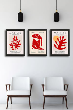 Henri Matisse 3'lü Alüminyum Çerçeveli Poster Seti - Önden Açılır A3 Açılır Kapanır Çerçeve Seti Kırmızı Soyut Figürler
