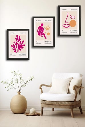 Henri Matisse 3'lü Alüminyum Çerçeveli Poster Seti - Önden Açılır A3 Açılır Kapanır Çerçeve Seti Fuşya Pembe Soyut Figürler