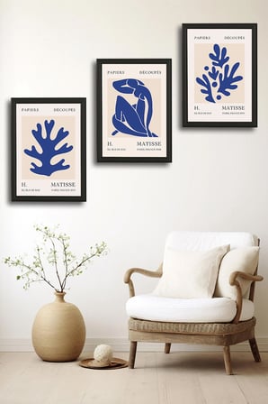 Henri Matisse 3'lü Alüminyum Çerçeveli Poster Seti - Önden Açılır A3 Açılır Kapanır Çerçeve Seti Mavi Nü ve Botanik Yapraklar