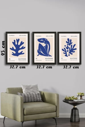 Henri Matisse 3'lü Alüminyum Çerçeveli Poster Seti - Önden Açılır A3 Açılır Kapanır Çerçeve Seti Mavi Nü ve Botanik Yapraklar
