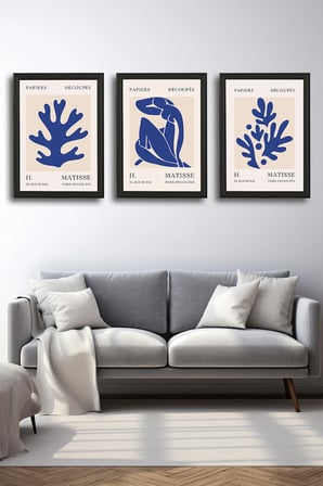 Henri Matisse 3'lü Alüminyum Çerçeveli Poster Seti - Önden Açılır A3 Açılır Kapanır Çerçeve Seti Mavi Nü ve Botanik Yapraklar