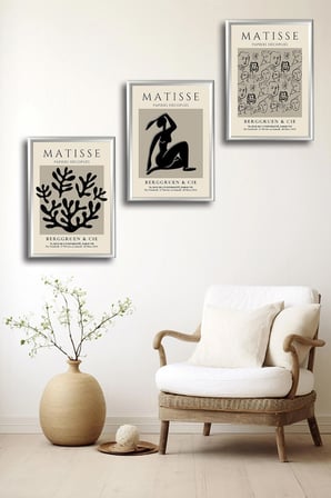 Henri Matisse 3'lü Alüminyum Çerçeveli Poster Seti - Önden Açılır A3 Açılır Kapanır Çerçeve Seti Siyah Beyaz Minimalist - Gümüş Renk