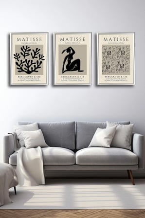 Henri Matisse 3'lü Alüminyum Çerçeveli Poster Seti - Önden Açılır A3 Açılır Kapanır Çerçeve Seti Siyah Beyaz Minimalist - Gümüş Renk
