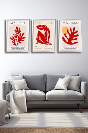 Henri Matisse 3'lü Alüminyum Çerçeveli Poster Seti - Önden Açılır A3 Açılır Kapanır Çerçeve Seti Kırmızı Soyut Figürler - Gümüş
