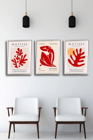 Henri Matisse 3'lü Alüminyum Çerçeveli Poster Seti - Önden Açılır A3 Açılır Kapanır Çerçeve Seti Kırmızı Soyut Figürler - Gümüş