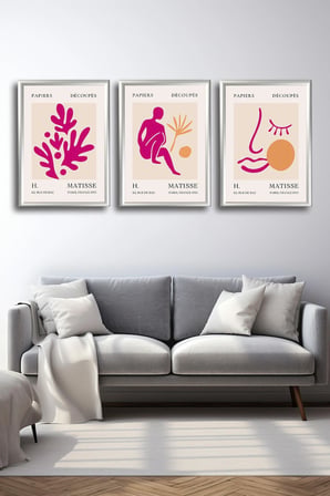 Henri Matisse 3'lü Alüminyum Çerçeveli Poster Seti - Önden Açılır A3 Açılır Kapanır Çerçeve Seti Fuşya Pembe Soyut Figürler - Gümüş Çerçeve