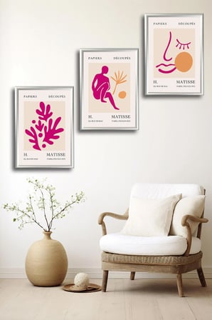 Henri Matisse 3'lü Alüminyum Çerçeveli Poster Seti - Önden Açılır A3 Açılır Kapanır Çerçeve Seti Fuşya Pembe Soyut Figürler - Gümüş Çerçeve