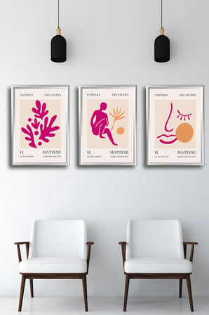 Henri Matisse 3'lü Alüminyum Çerçeveli Poster Seti - Önden Açılır A3 Açılır Kapanır Çerçeve Seti Fuşya Pembe Soyut Figürler - Gümüş Çerçeve