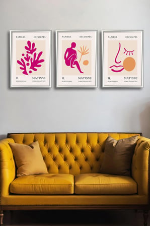 Henri Matisse 3'lü Alüminyum Çerçeveli Poster Seti - Önden Açılır A3 Açılır Kapanır Çerçeve Seti Fuşya Pembe Soyut Figürler - Gümüş Çerçeve