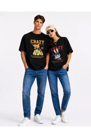 Sevgili Kombin Tişörtü Crazy Bunny Couple Baskılı Unisex Oversize %100 Pamuk Tişört Seti