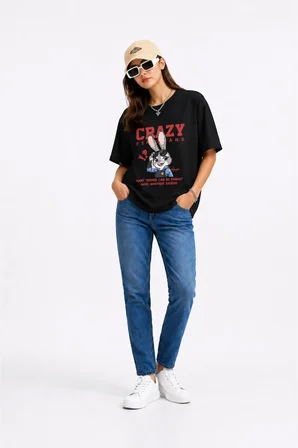 Sevgili Kombin Tişörtü Crazy Bunny Couple Baskılı Unisex Oversize %100 Pamuk Tişört Seti