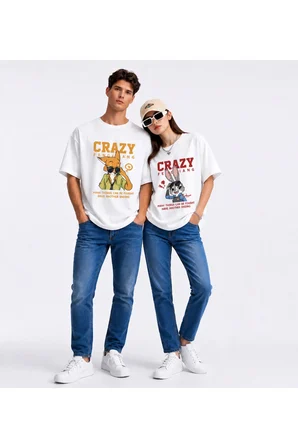 Sevgili Kombin Tişörtü Crazy Bunny Couple Baskılı Unisex Oversize %100 Pamuk Tişört Seti