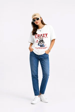 Sevgili Kombin Tişörtü Crazy Bunny Couple Baskılı Unisex Oversize %100 Pamuk Tişört Seti
