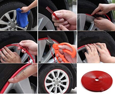 Carub Araba Jant Fitili Lastik Jant Trim Bandı 8 Metre KIRMIZI