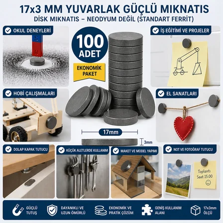 100 Adet Mıknatıs 17X3 Mm Yuvarlak Güçlü Mıknatıs Disk Mıknatıs