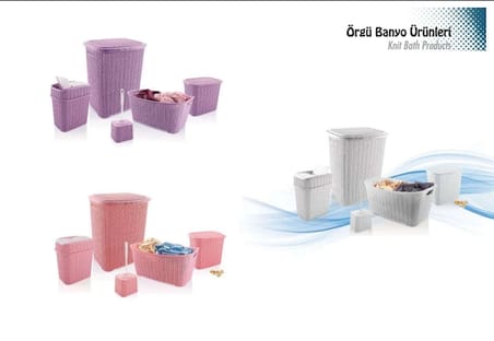 5 Parça Örgü Desenli Plastik Banyo Seti Çamaşır Sepeti Deterjanlık Klik Çöp Kovası Klozet Fırçası