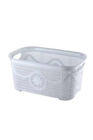 5 Parça Örgü Desenli Plastik Banyo Seti Çamaşır Sepeti Deterjanlık Çöp Kovası Klozet Fırçası - Mavi