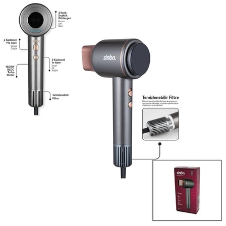 Sinbo Shd-1717 Bldc Turbo Motor Tokmak Model Saç Kurutma Makinesi 1600w 2-kdm.hız 3-kdm.sıcaklık Yapışkanlı Askı