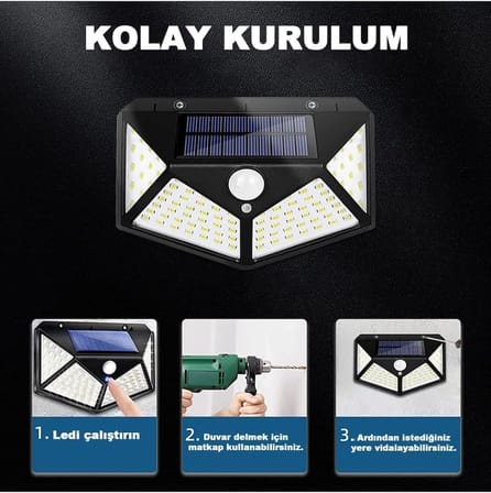 100 Led Dış Mekan Solar Aydınlatma Fotoselli Solar Lamba Hareket Sensörlü