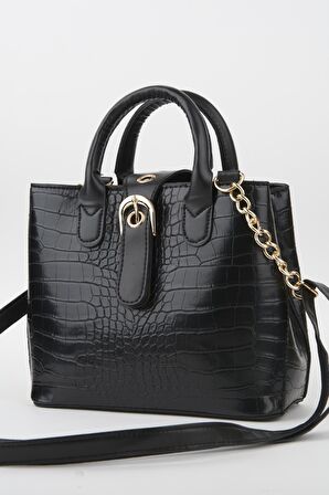 Kadın Croco Siyah Suni Deri Croco Desenli Askılı Çıtçıt Fermuar Kapama El Ve Omuz Çantası