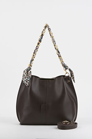 Kadın Tavus Acı Kahve Fularlı Zincir Aksesuarlı Yumuşak Deri 3 Bölmeli El Kol Ve Omuz Çantası